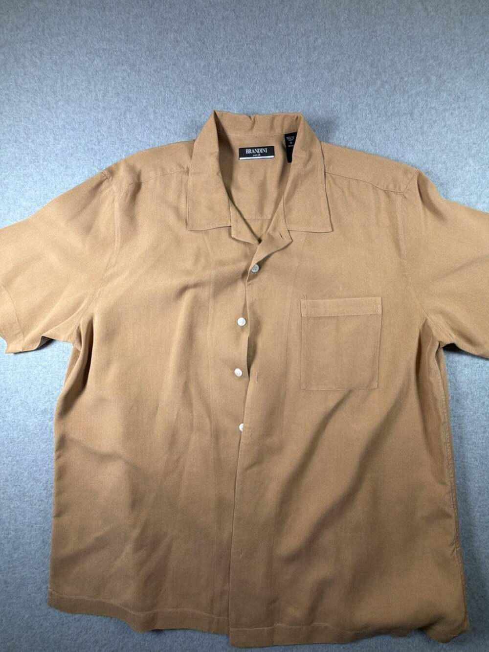 Brandini Pure Silk Tan Short Sleeve Cuban Collar Resort Shirt - Picture 2 of 10